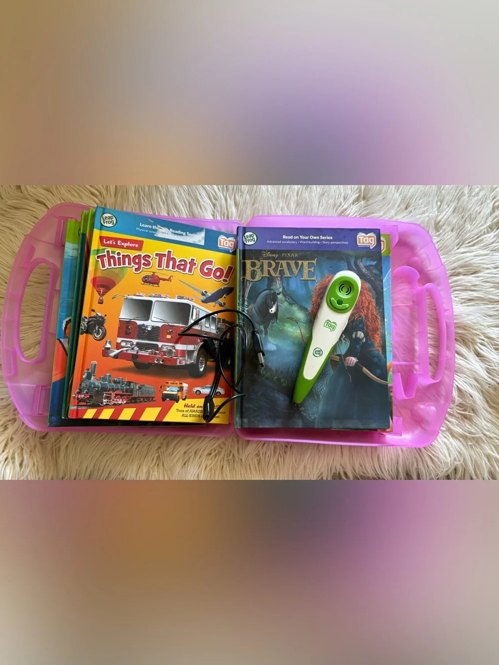 Leapfrog Tag Pen Reader System 11 Books Case Cord Bundle Disney Cars Learning